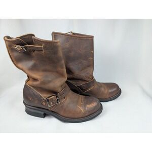 FRYE Brown Leather Engineer Boots Womens 7M Buckle Strap Moto Made in USA Rugged
